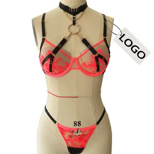 Designer Valentines Day Lingerie set with chain choker Women's Sexy sheer Bra and g string unique lace embroidered underwear