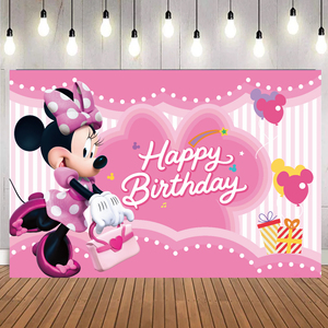 Fournitures de fête promotionnelles, bannière de fond de fête d'anniversaire rose <span class=keywords><strong>Minnie</strong></span> Mouse pour enfants, bébé, décorations de joyeux anniversaire - Product Image 1