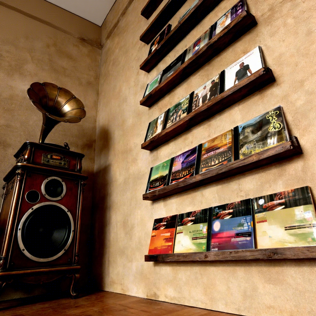 Retro Solid Wood CD Rack Wall-Mounted Storage Walnut Color Punch-Free Decorative Shelf