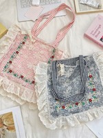 Bolso Tote Vintage de Lona con Bordado Floral a Cuadros, con Volantes y Encaje, de Gran Capacidad, para Niñas, para la Escuela, Viajes y Uso Diario