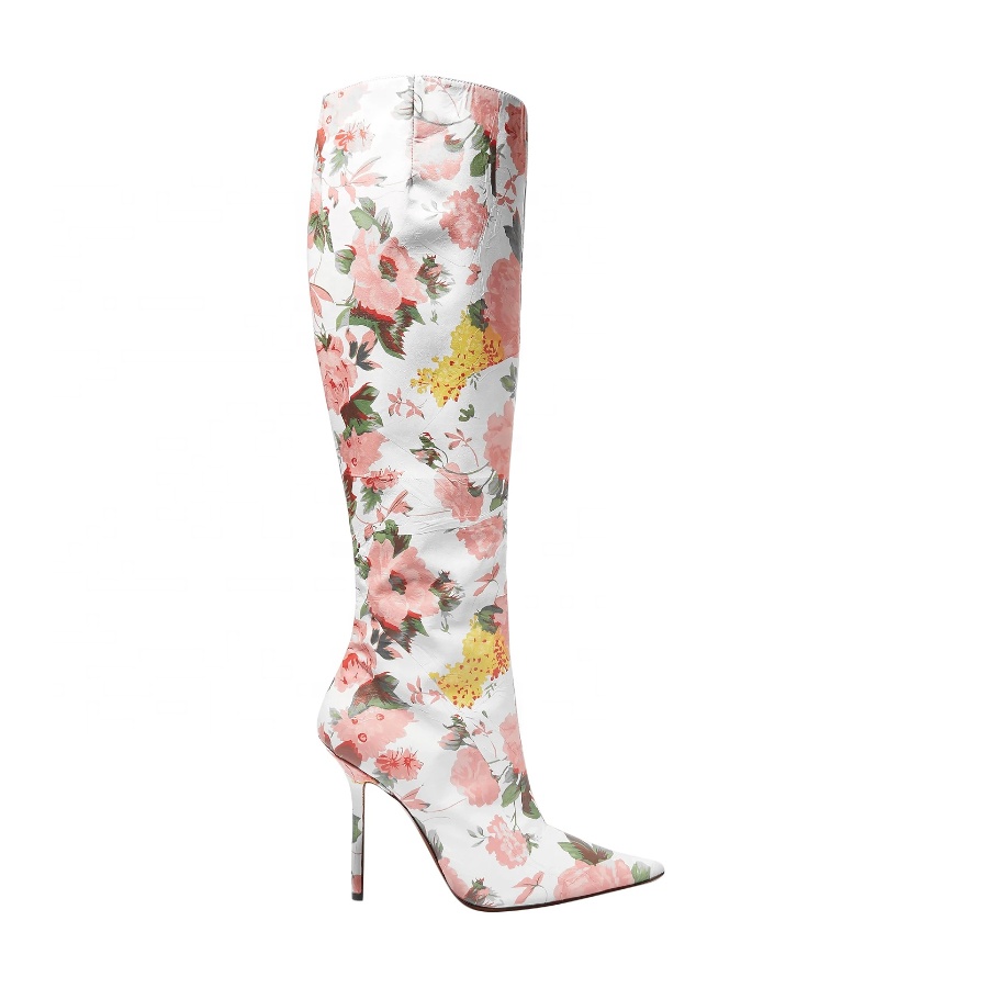 Floral-print leather pointed toe stiletto high heel knee high women and ladies boots