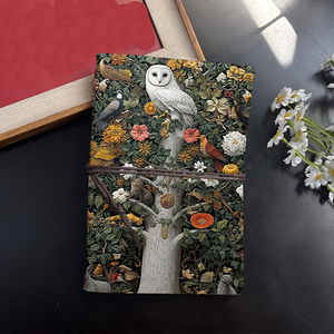 Cuaderno de oficina A6 hecho a mano, recuerdo elegante de 160 páginas para cumbres globales con búho, pájaros, gato, flores, impresiones de árboles en la ensenada - Product Image 2