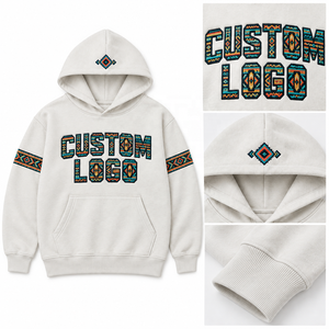 Felpe con Cappuccio OEM 400 GSM con Logo, Colore Avorio, Pesanti, da Uomo, con Stampa Geometrica e Lettere in Stile Sud-Occidentale, Streetwear - Product Image 3