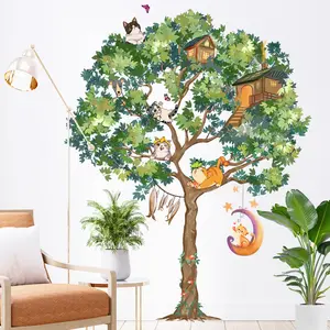 儿童房装饰卡通猫绿树婴儿托儿所墙贴花
