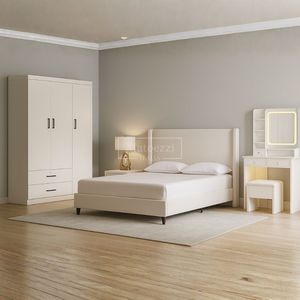 Contemporary Wood Bedroom Furniture Set with Upholstered <b>Queen</b> <b>Bed</b> Closet Vanity Table & Nightstands for Villa or Hotel Use - Product Image 2