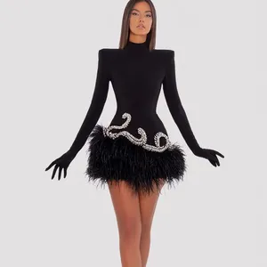काले सेक्सी लंबे बाजू मखमल स्लिमिंग तंग स्फटिक डिजाइन पंख मिनी पोशाक प्रोम जन्मदिन की पार्टी शाम कपड़े