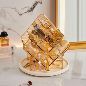 Diamond Shape Jewelry Storage Box Transparent <b>Gold</b> Plated Rotating Desktop Organizer For Home <b>Dressing</b> <b>Table</b> - Product Image 1