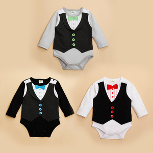 Vêtements de cérémonie unisexes pour bébés garçons, barboteuse à manches longues style gentleman, en polyester/coton, printemps/été, personnalisable, vente en gros - Product Image 1