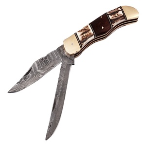 Xyj couteau pliant utilitaire fait main à Double lame, de damas, antter, espaceur et manche en bois, lame épaisse de 2-3mm (Smk1350) - Product Image 1