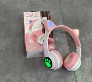 Headphone nirkabel telinga kucing, Headset Gaming ponsel Pc, hadiah anak perempuan, helm Bass Stereo, lampu bersinar, mikrofon gigi biru