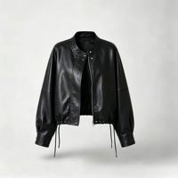 Blouson Bomber Femme en Similicuir PU Écologique avec Col Montant, Fermeture Éclair et Boutons, Ourlet à Cordon, Couleur Unie, Printemps-Automne