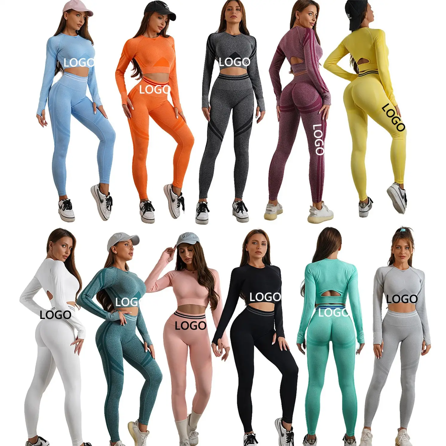 Logotipo personalizado 2023 Mulheres Sportswear Ginásio Fitness Desgaste Ativo Calças de cintura alta manga comprida 2 Peça Set Seamless Yoga Set