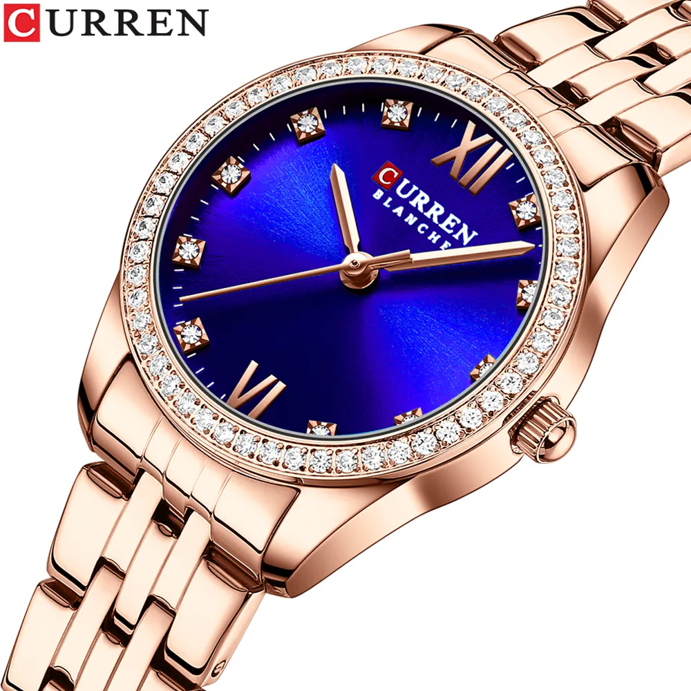 CURREN 9086 New Classy Charming Quartz Wristwatches for Ladies Luxury Stainless Steel Band Watch Rhinestone Rose Clock Female