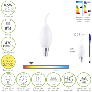 หลอดไฟ LED ไส้หลอดแบบเปลวไฟฝ้า E14 4.5 วัตต์ เทียบเท่ากับ 35 วัตต์ 470 ลูเมนส์ วอร์มไวท์ 2700K - Product Image 1