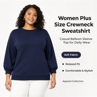 Sweat-shirt à col rond pour femme en coton mélangé et élasthanne, respirant et confortable, grande taille, décontracté, à manches ballon amples