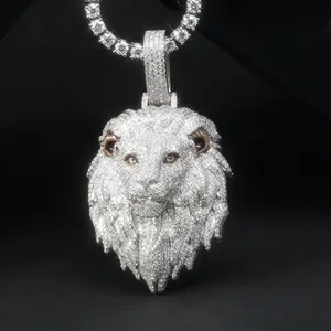 3D Iced out Lion Mặt dây chuyền S925 moissanite kim cương tùy chỉnh thời trang rapper thiết kế hip hop moissanite Kim Cương Vòng cổ mặt dây chuyền