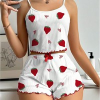 Nieuwe collectie dames zomerpyjama's met zoet fruitmotief, zachte geribbelde stof, casual nachtkleding, OEM aangepaste logo's beschikbaar, groothandel