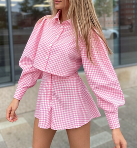 Conjunto de Dos Piezas Casual de Verano para Mujer, Camisa Corta a Cuadros y Pantalones Cortos, Estilo Lindo - Product Image 4