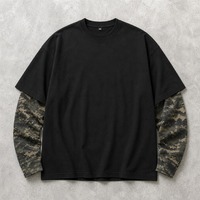 T-shirt à manches longues camouflage double couche, épaules tombantes personnalisées, unisexe, style hip-hop streetwear, vente en gros