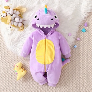 Mono de Bebé con Capucha y Cremallera, Diseño de Dinosaurio, Manga Larga, Color Morado, para Otoño e Invierno, Cálido, de Poliéster Clase A - Product Image 2