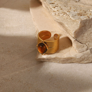 도매 18k 금 와이드 오픈 링 스테인리스 스틸 천연 마노석 반지 사우디아라비아용 - Product Image 5