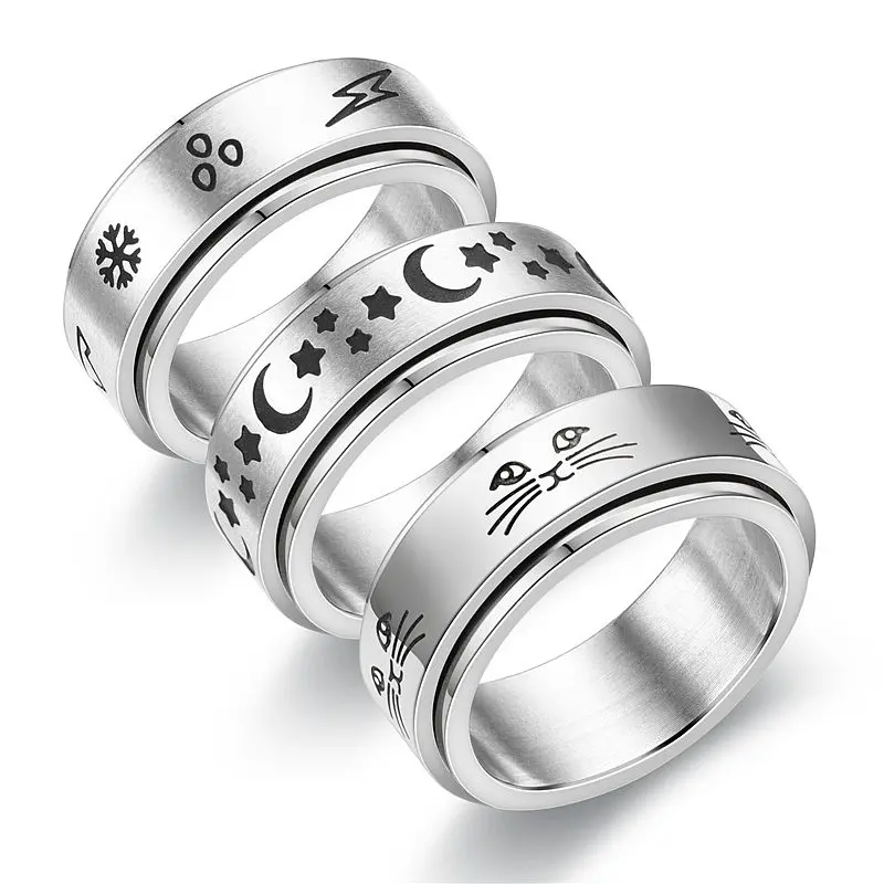 Casual Male Anel Stylish Punk Spinner Jewelry Silver Moon And Star Rotating 316L Stainless Steel Ring For Women Men