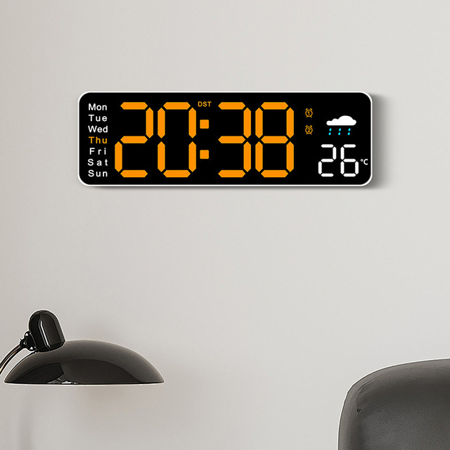 Creative Digital Quartz Weather & Temperature Display Multifunctional Modern Living Room Wall Clock with Lumino