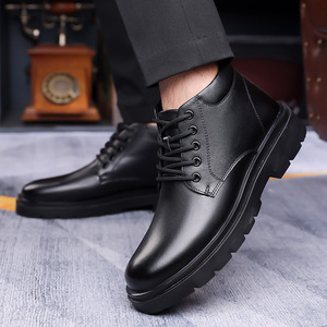 Bottes Martin pour hommes en cuir, à bout rond, à lacets, semelle extérieure en caoutchouc, doublure en fourrure, isolantes, chaussures formelles pour l'automne et l'hiver - Product Image 1