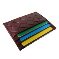 Dompet Kartu Minimalis Wanita Burgundy Tipis, Dompet Kartu Kulit PU Anyaman untuk Wanita, Produsen Dompet Kartu Mewah Wanita