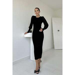 Vestido de punto ajustado negro con abertura, cuello redondo, cintura natural y manga larga translúcida para mujer - Product Image 6