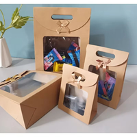 Sac en papier kraft brun personnalisé en usine avec fenêtre et poignée Stand up Craft Solid Bow Portable Flip Package pour gâteau bonbons cadeau