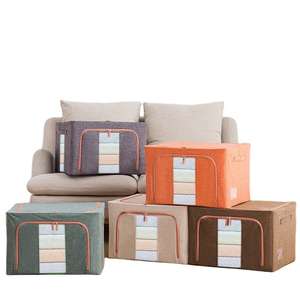 コットンリネン折りたたみ収納ボックスビンキルトシャツジーンズ生地オーガナイザー容器鉄骨フレーム付き - Product Image 1