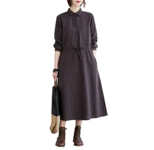 2024 autumn new large size women's casual cotton dress single breasted long sleeved shirt skirt