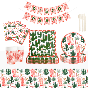 Vaisselle de fête Western Cowgirl DAMAI : Assiettes et serviettes en papier roses, thème Cowgirl et Cactus, pour 8 invités - Product Image 1