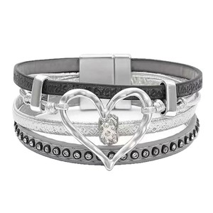 Böhmischer Stil Hohles Herzförmiges Charmantes PU-Leder Silberbeschichtetes Magnetverschluss Unisex-Armband für Geschenk und Party - Product Image 4