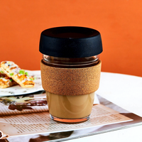 Tasse à café en verre avec bouchon en liège Bambus Modern 12oz, couvercle en silicone isolant résistant à la chaleur, capacité 350ml, pour fêtes, cadeaux, logo laser