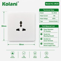 Prise murale universelle Kolani British Standard 13A 250V, 90x86mm, blanc brillant PC, 3 broches, multifonction