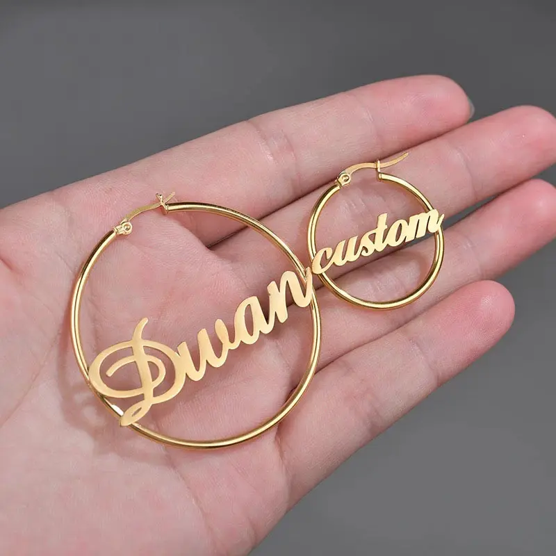 18k Gold Plated Aretes Grandes Hoop Earring Stainless Steel Big Letter Customized Earrings Jewelry Set Women