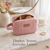Pochette de maquillage en velours côtelé, matelassée verticale, avec poignée latérale, fermeture éclair, étiquette en cuir, 4 couleurs, rangement portable de voyage, OEM