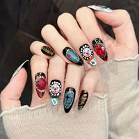 Faux Ongles à Presser pour Femme, Noir et Rouge, Longs, Forme Amande, avec Breloques 3D Cœur, Œil et Paillettes, pour Style Y2K Gothique Pop