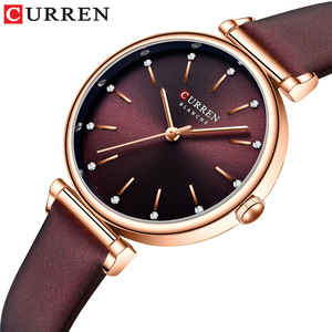 Reloj de cuarzo para mujer CURREN BLANCHE, esfera de color burdeos degradado, marcadores de hora de cristal, caja de oro rosa, correa de cuero suave, reloj de vestir para mujer - Product Image 1