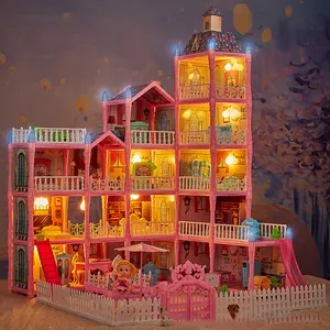 2023最新假装玩仿真公主别墅Diy大娃娃屋大尺寸梦幻粉色娃娃屋带娃娃和灯