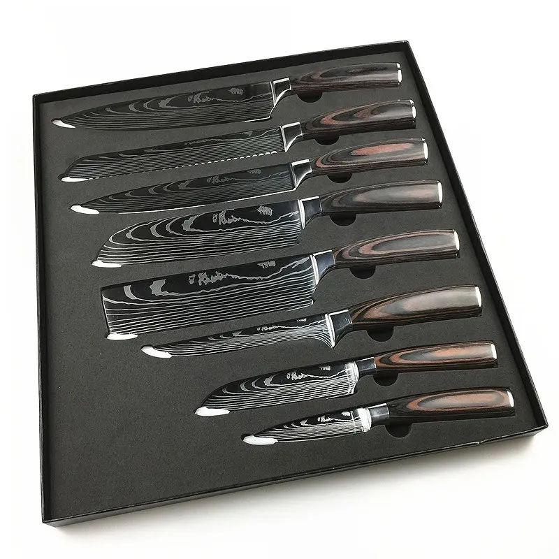 VINOX Lot de 8 couteaux de chef de cuisine à motif de couche d'acier damas forgé à la main