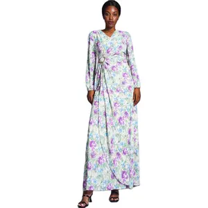 Vestido longo com estampa floral abaya, vestido longo com manga comprida kimono feminino islâmico