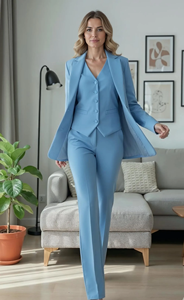 Women’s Sky Blue Three Piece Pant Suit Elegant Tailored Blazer Vest and Trousers <b>Set</b> Premium Formal <b>Office</b> Wear Business Suit - Product Image 4