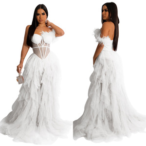 Vestidos de <span class=keywords><strong>Fiesta</strong></span> Largos Elegantes Personalizados y Vestido de Plumas con Malla Acanalada, Vestidos de Noche Elegantes con Hombros Descubiertos para Graduación <span class=keywords><strong>2022</strong></span>, Vestidos de Noche Sexys - Product Image 4