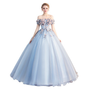 Off The Shoulder Tulle Evening Gown Long Skirt Stage Performance Dress Women Blue Gray Solid Color Polyester Fiber - Product Image 5