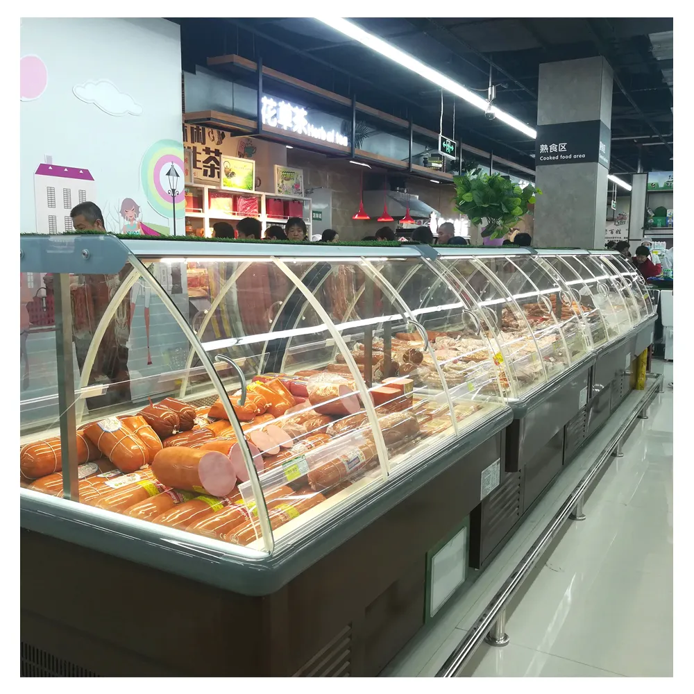 Nevera de exhibición de pescado para supermercado, nevera de exhibición de delicatessen para carne, escaparate de refrigerante, congelador de exhibición de carne a la venta