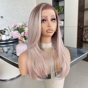 Perruques synthétiques Lace 13x4 en fibre à faible densité, rose blond avec racines brun clair, pour femmes - Product Image 2