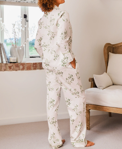 Pyjama long en satin 100% coton personnalisé pour femmes, vêtements de nuit imprimés de fleurs, pyjama de luxe avec bordure contrastée pour femmes, ensemble de vêtements de <span class=keywords><strong>d</strong></span>étente - Product Image 4